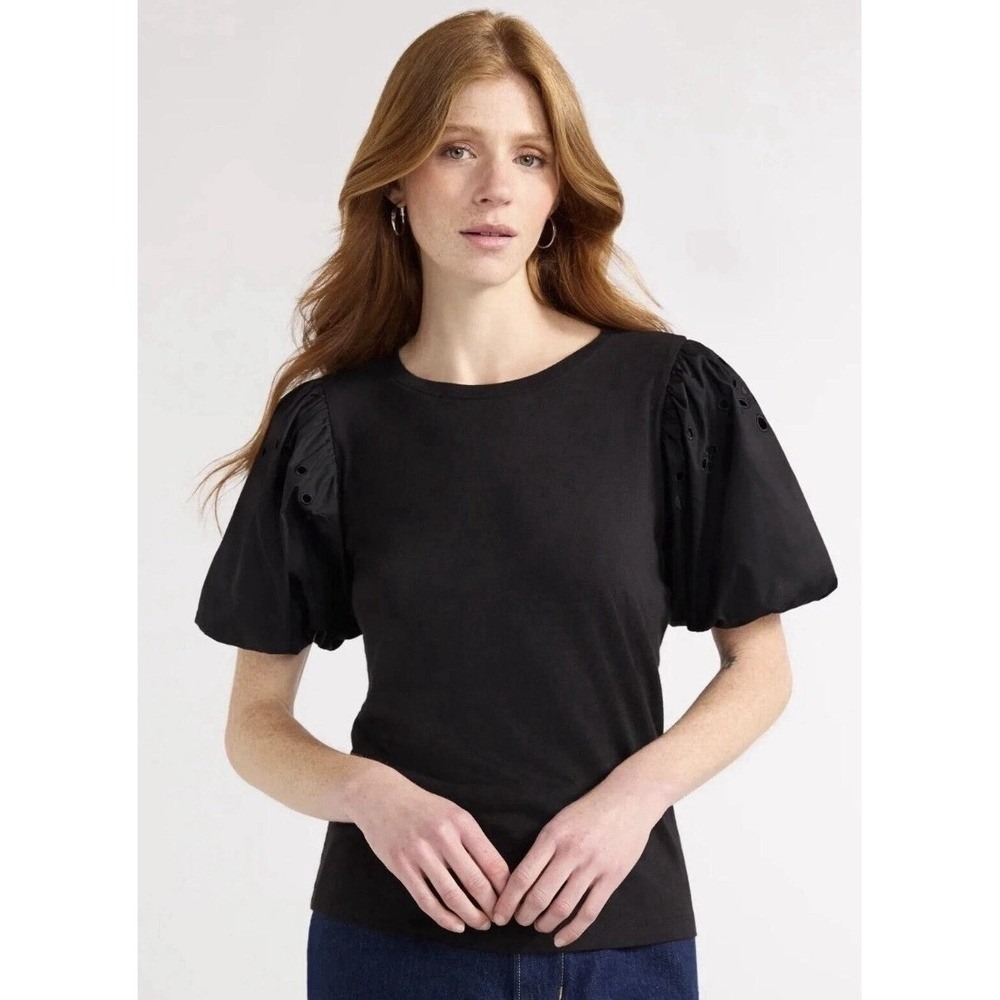 Free Assembly Womens T-Shirt Embroidered Eyelet Sleeves Black Size M
